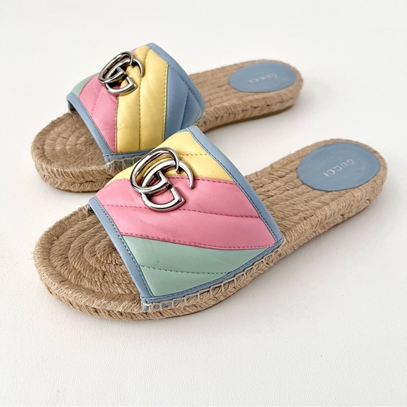 GUCCI || Marmont Double GG Pastel Striped Leather Espadrille Flat Slide Sandal 7 - Picture 1 of 13